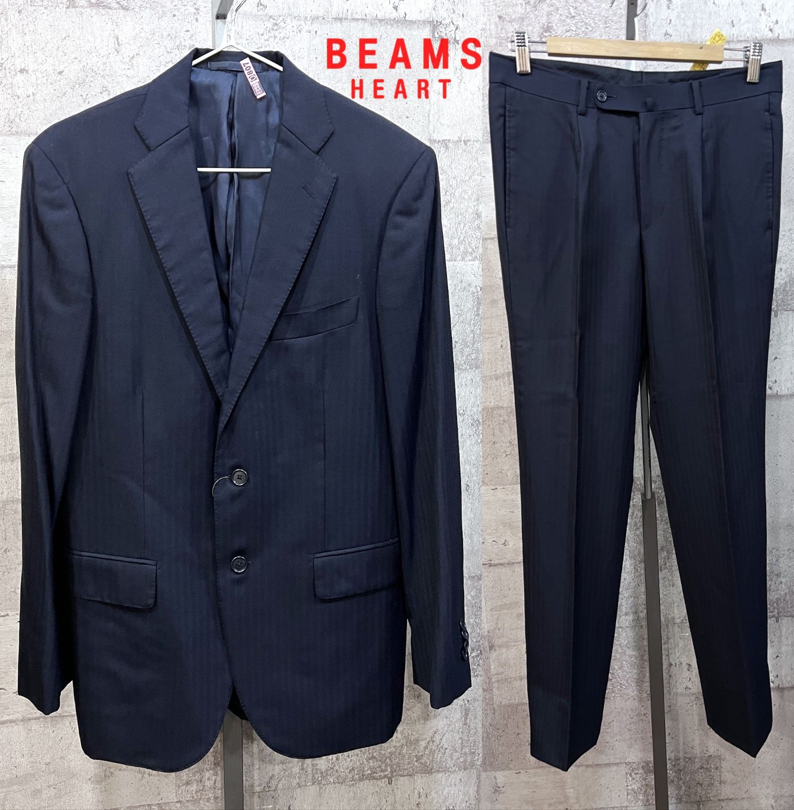 BEAMS HEART 濃紺スーツ 46 ダークネイビー シャドーストライプ