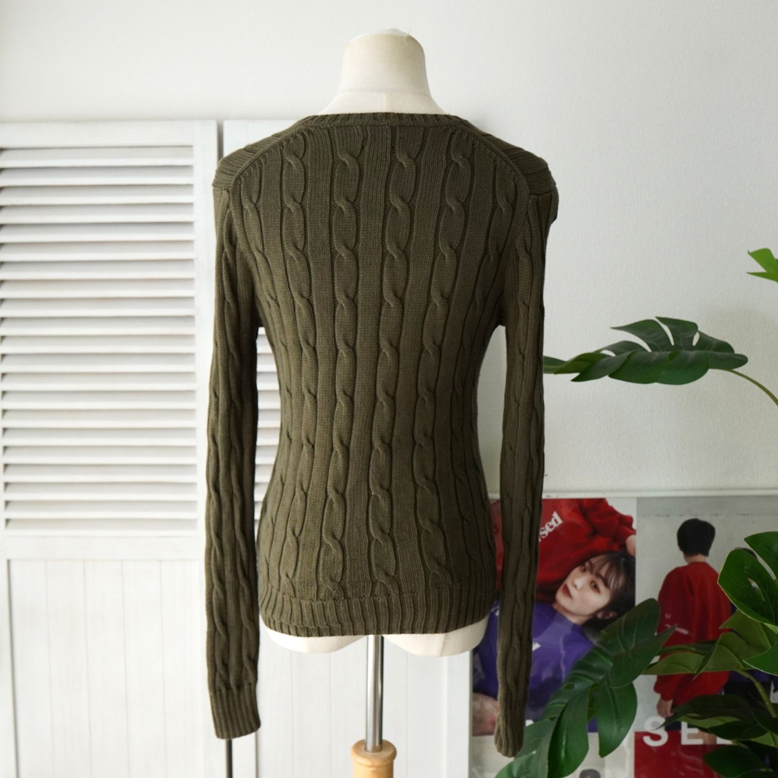 ポロ ラルフローレン スモールポニーロゴ ケーブル編み ニット カーキ