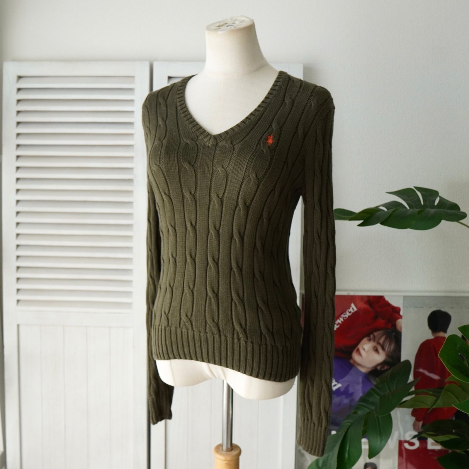ポロ ラルフローレン スモールポニーロゴ ケーブル編み ニット カーキ