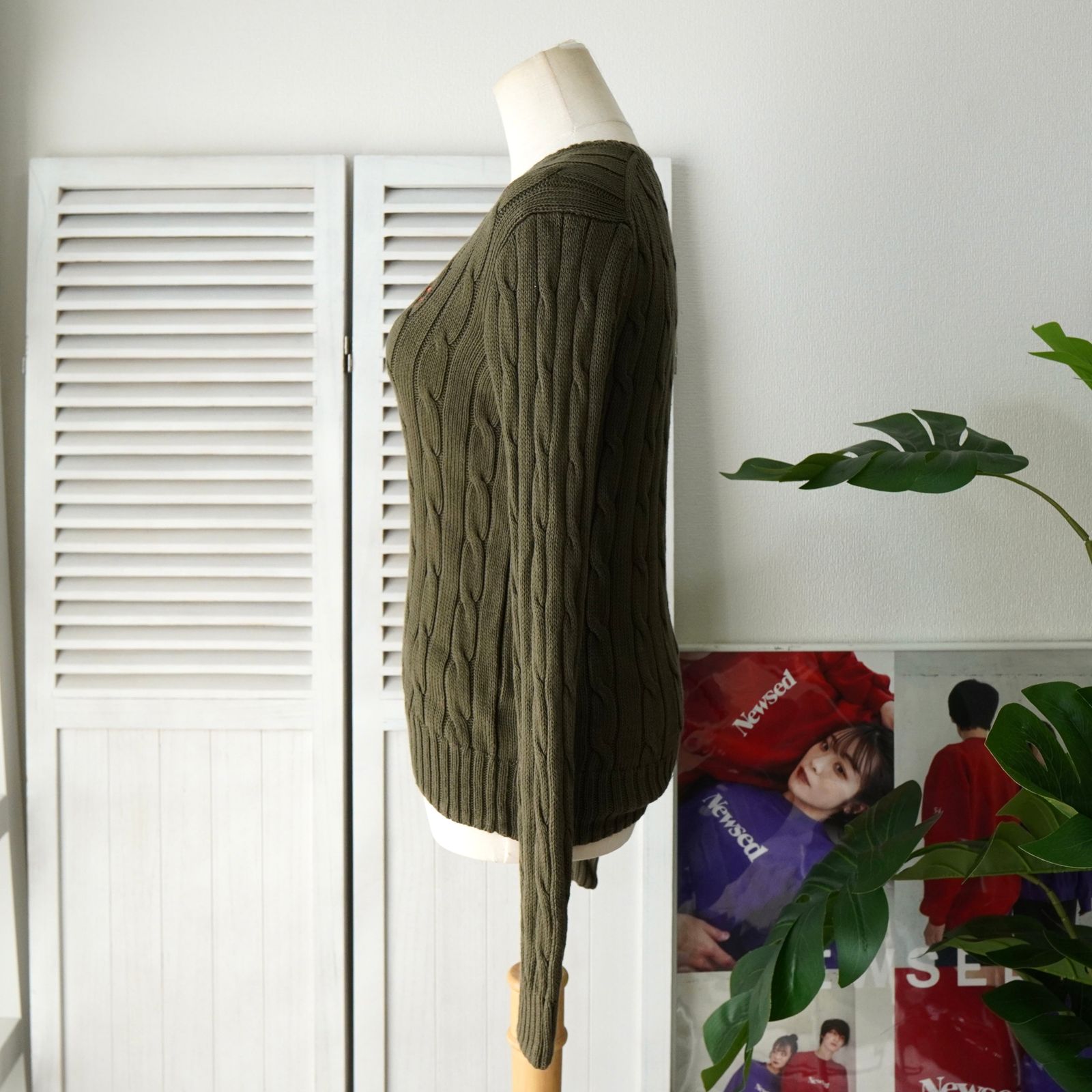 ポロ ラルフローレン スモールポニーロゴ ケーブル編み ニット カーキ