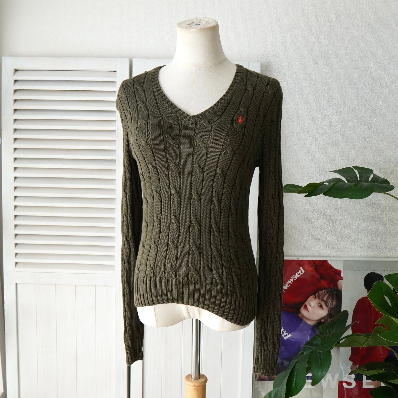 ポロ ラルフローレン スモールポニーロゴ ケーブル編み ニット カーキ