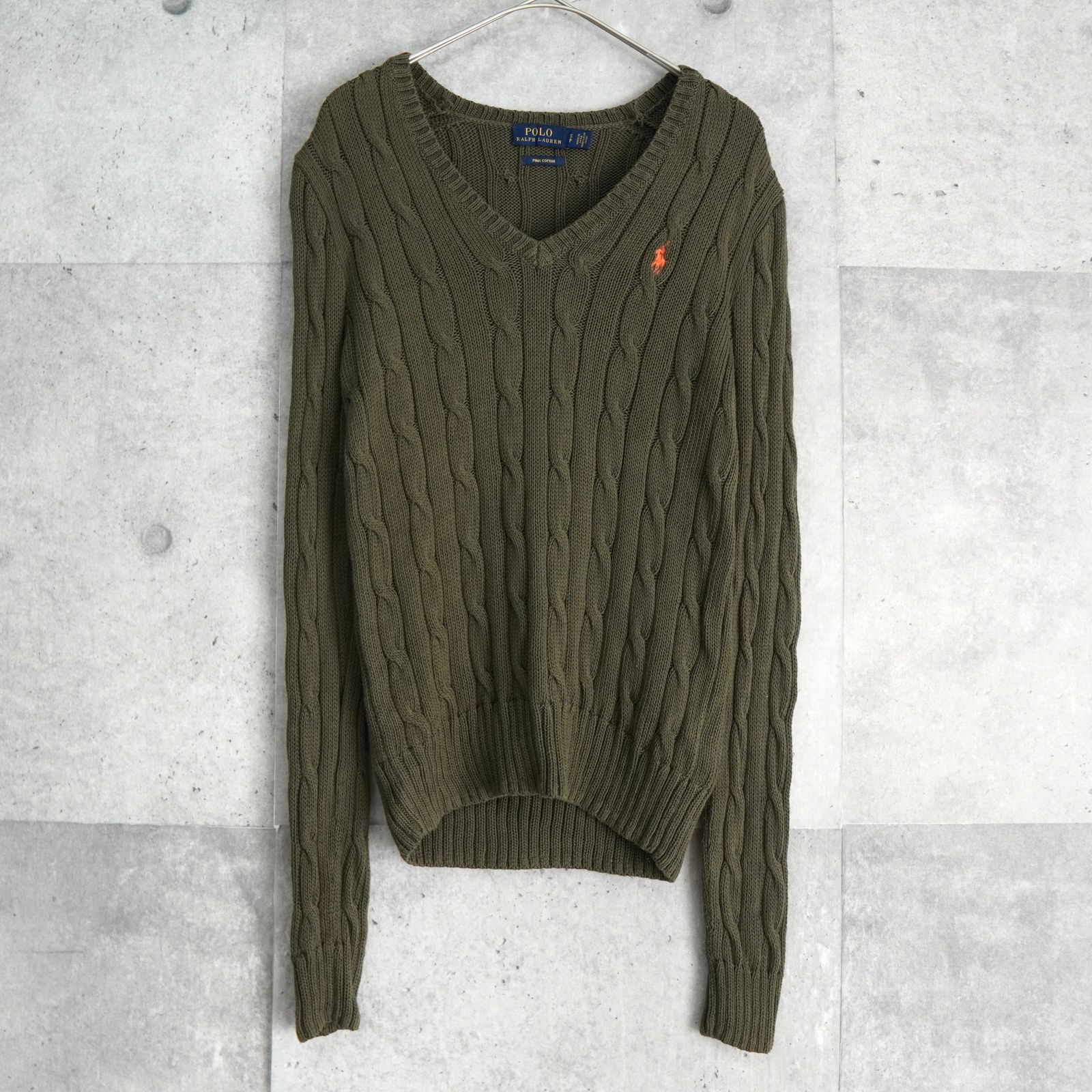 ポロ ラルフローレン スモールポニーロゴ ケーブル編み ニット カーキ