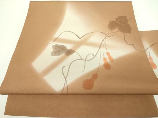 平和屋着物○塩瀬 九寸名古屋帯 手描き 瓢箪 ひょうたん 蔦の葉文 金彩 平和屋着物○塩瀬 九寸名古屋帯 手描き 瓢箪 ひょうたん 蔦の葉文 金彩