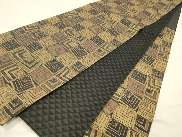 平和屋着物●両面　六通柄袋帯　紬地　松葉文　鱗文　黒地　金糸　正絹　逸品　DABC8154cm 平和屋着物○両面 六通柄袋帯 紬地 松葉文 鱗文 黒地 金糸 正絹 逸品