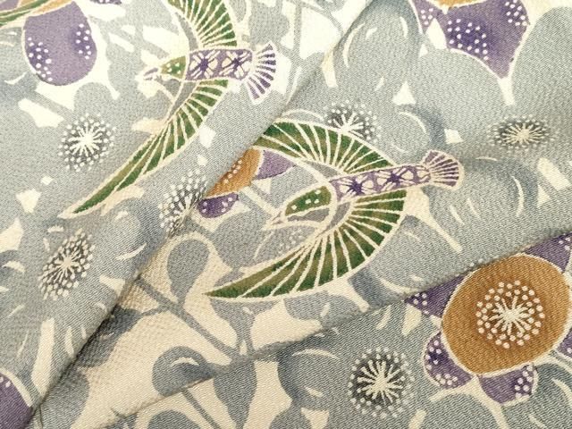 RU出品 平和屋着物○上質な小紋 型染め 花鳥文 鬼しぼ縮緬 正絹 逸品