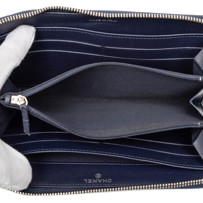 シャネル カメリア ココマーク 長財布 ラウンドファスナー ネイビー