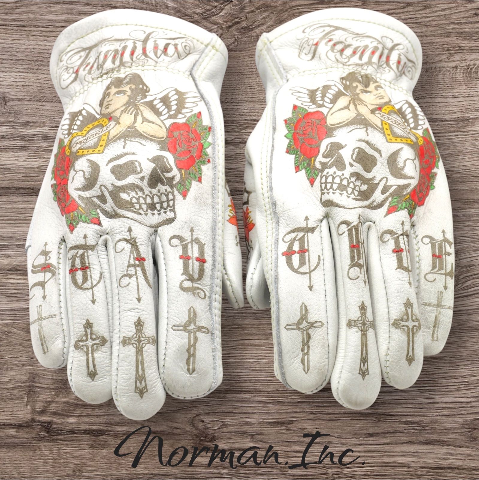 牛革　レザーグローブ　アメリカン　バイク　ハーレー　カスタム　手袋　タトゥー　L 牛革 レザーグローブ ホワイト 白 アメリカン バイク ハーレー