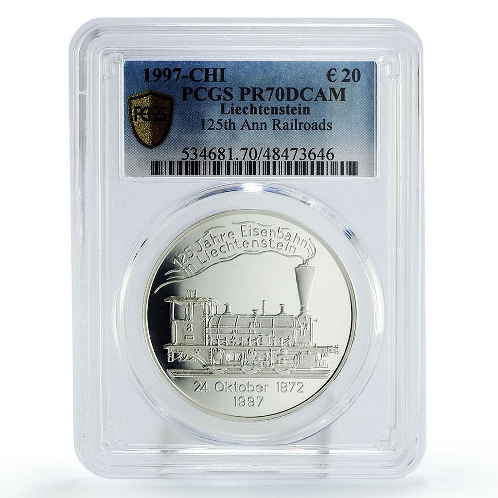 リヒテンシュタイン 20ユーロ 鉄道125周年記念 PR70 PCGS 銀貨 1997年