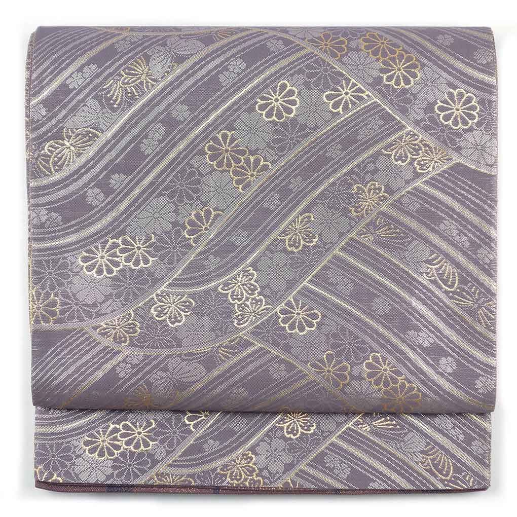 未使用品 袋帯 リバーシブル 紬地 深紫 唐花 枝花 全通柄長さ4m65cm正絹 袋帯 幅31cm 長さ452cm レディース 花柄 秋冬春用 正絹（シルク