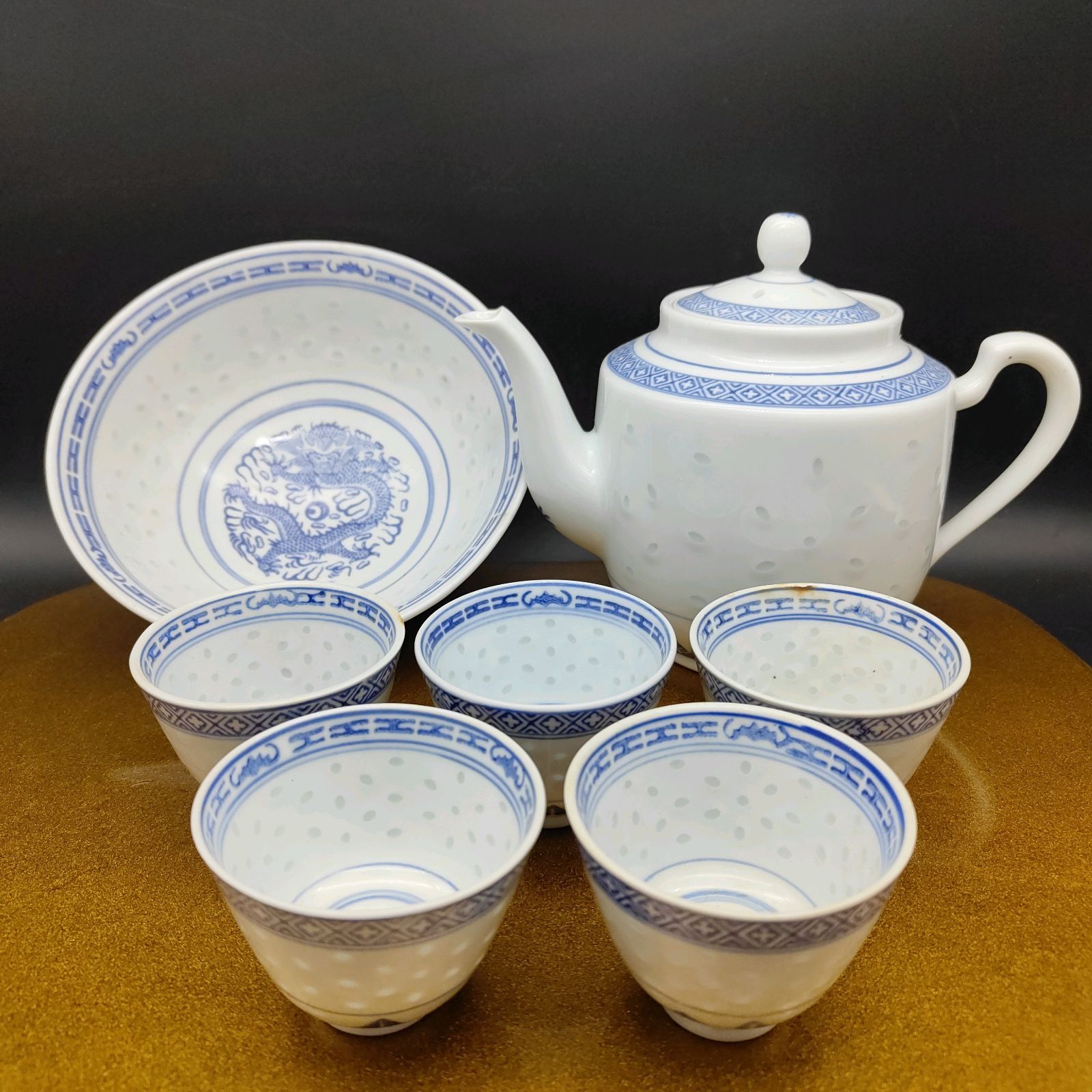 景徳鎮 中鉢 ティーポット カップ 7点セット 中国 玲瓏 蛍焼き 透かし