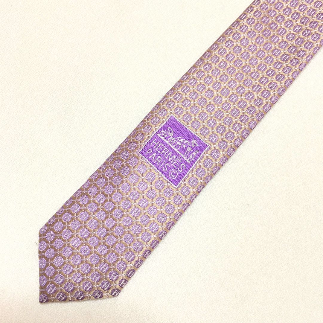 未使用級 エルメス HERMES ネクタイ シルク100% パープル 総柄 ドット