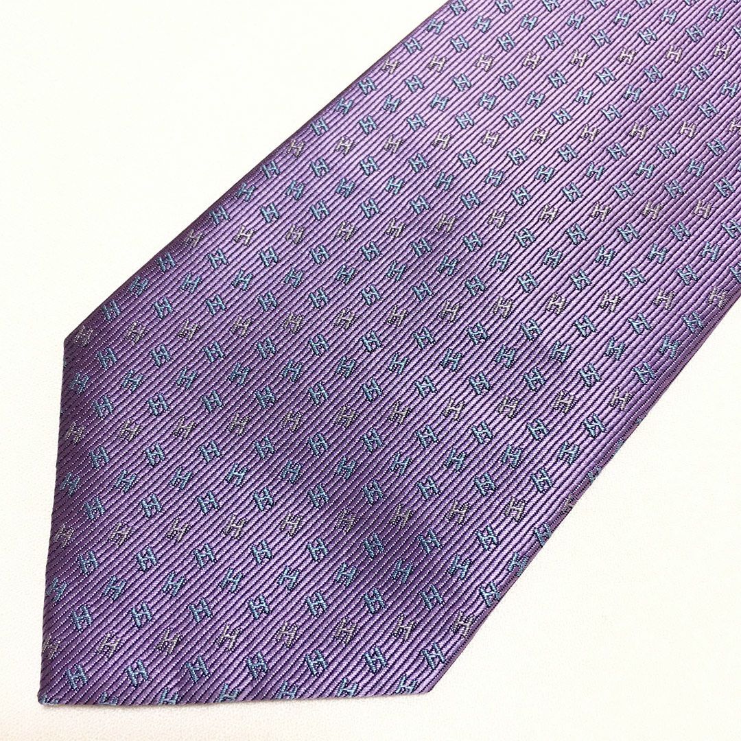 未使用級 エルメス HERMES ネクタイ シルク100% パープル H柄 261-449