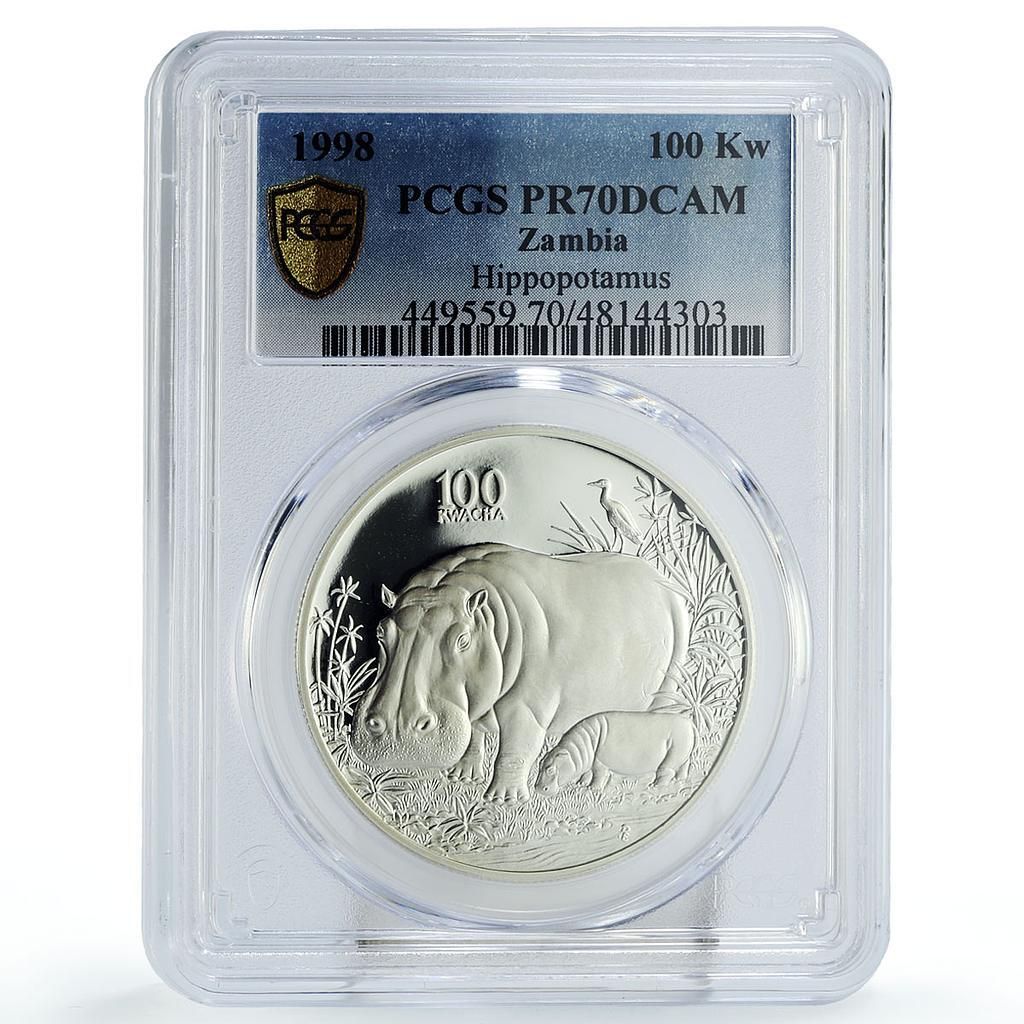 ザンビア 100クワチャ 保護野生動物 カバ 動物 PR70 PCGS 銀貨 1998年