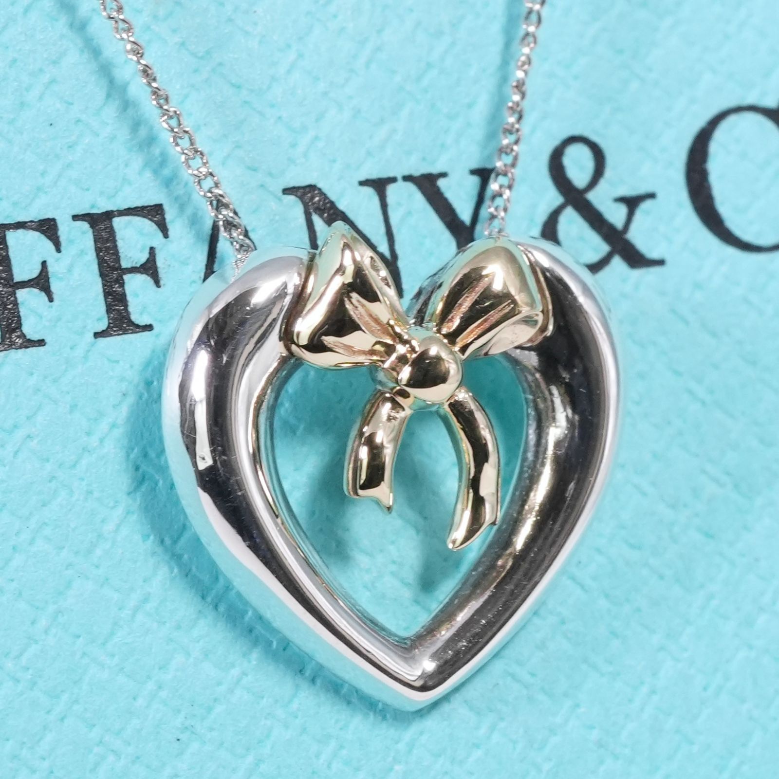 極美品 ティファニー コンビ リボン ハート ペンダント K18/25-2976