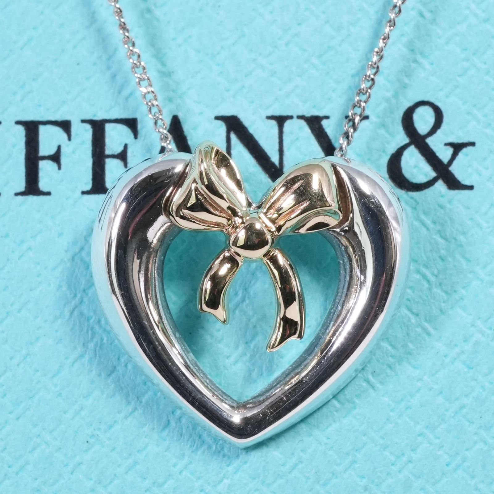 極美品 ティファニー コンビ リボン ハート ペンダント K18/25-2976