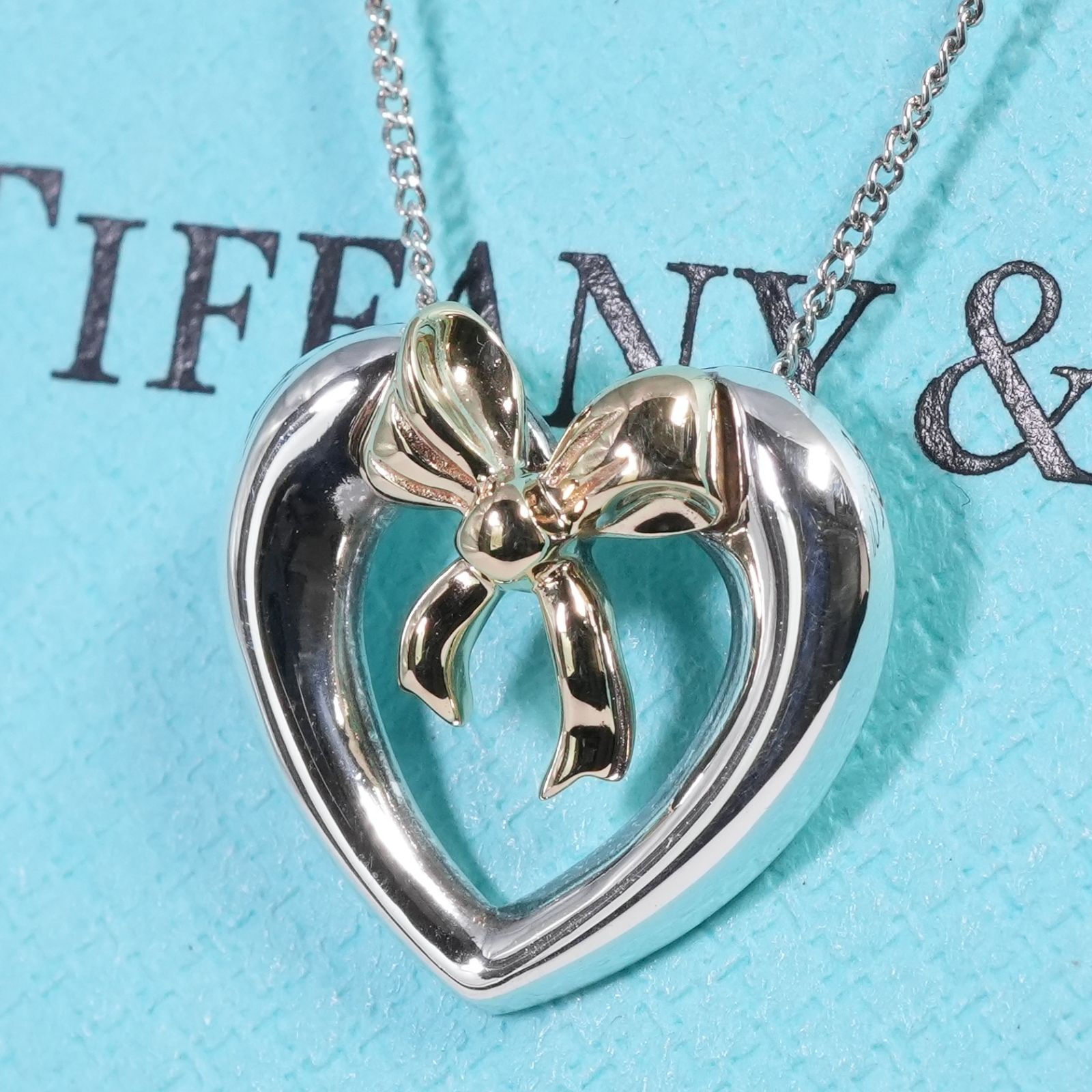 極美品 ティファニー コンビ リボン ハート ペンダント K18/25-2976