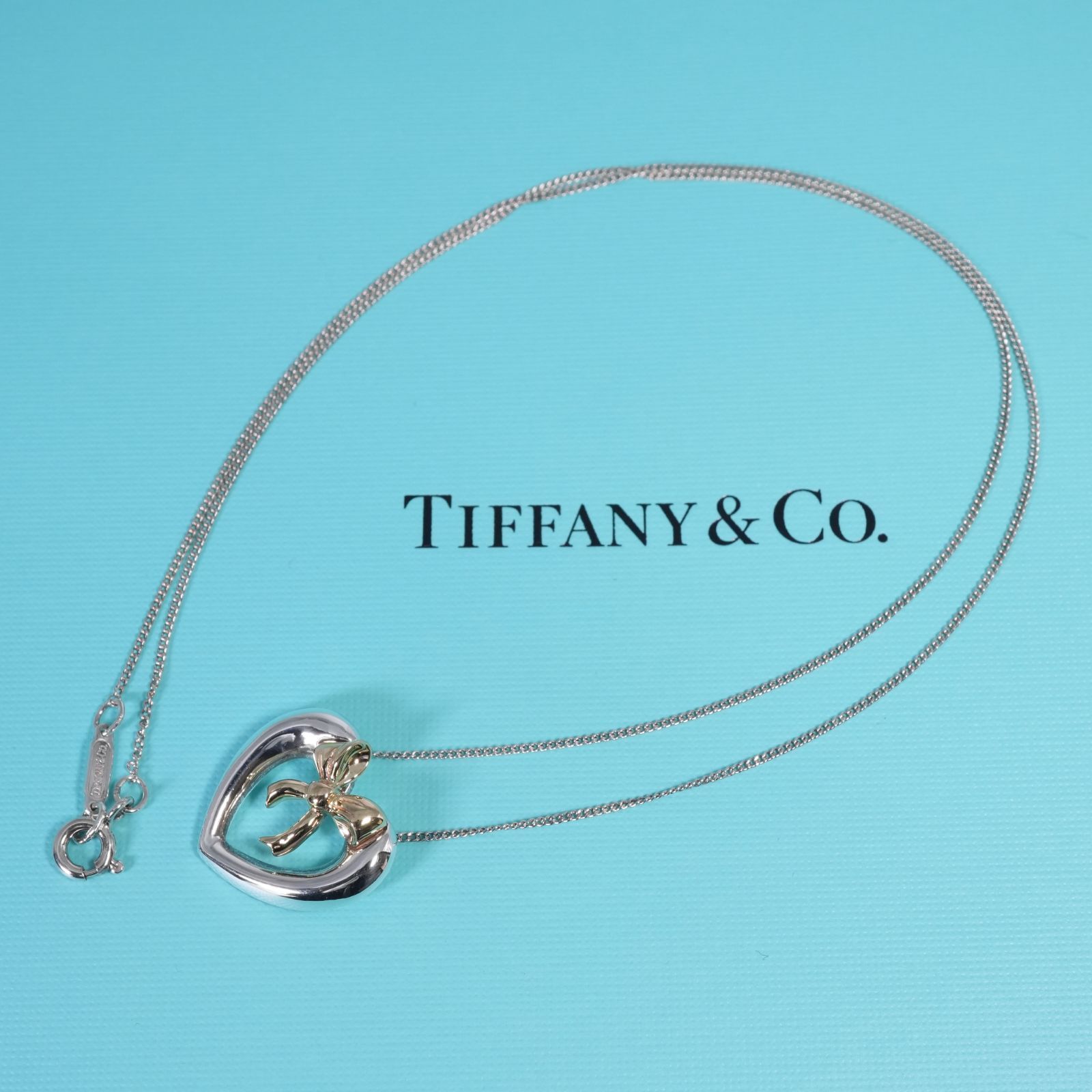 極美品 ティファニー コンビ リボン ハート ペンダント K18/25-2976