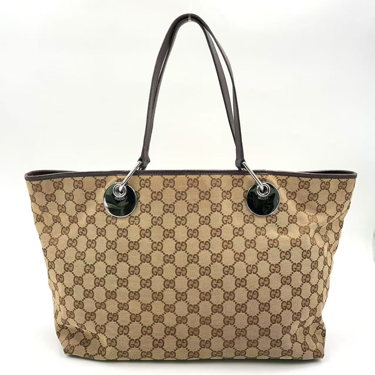 GUCCI GG柄 レザー×キャンバス ブラウン トートバッグ シルバー 120838