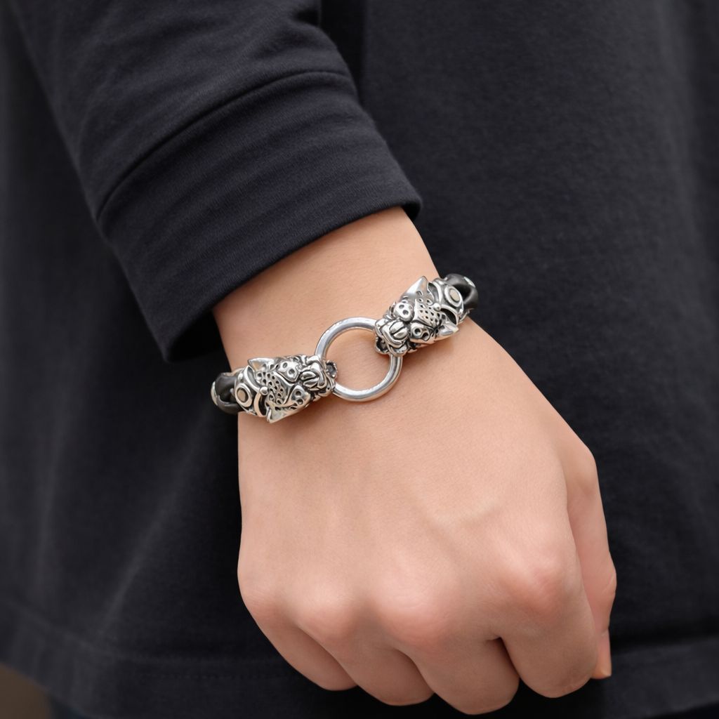 送料無料 シルバー925 パンサーブレスレット 22cm シルバー×レザー