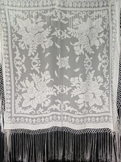 シルク フラメンコバラ柄フロッキー加工 ホワイトマントン 110cm角