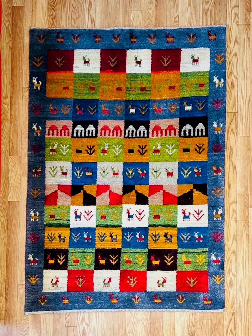 ペルシャ ギャッベ 本物 手織り123×174cm ラグ パッチワーク 絨毯