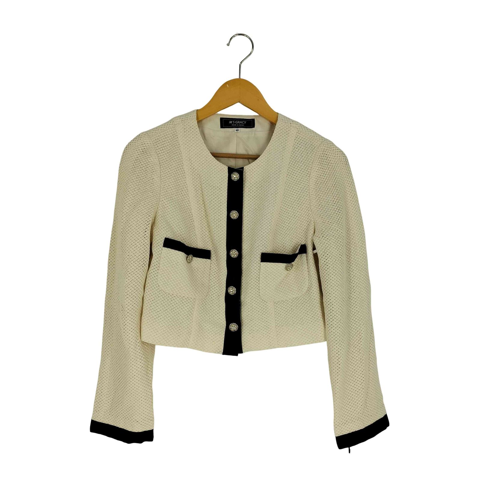エムズグレイシー Ms GRACY 花ボタン ツートン ノーカラージャケット