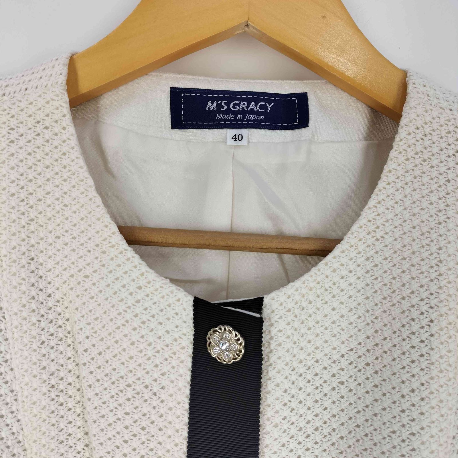 M'S GRACY 花柄 ノーカラーロングジャケット サイズ 40 エムズグレイシー Ms GRACY 花ボタン ツートン ノーカラージャケット