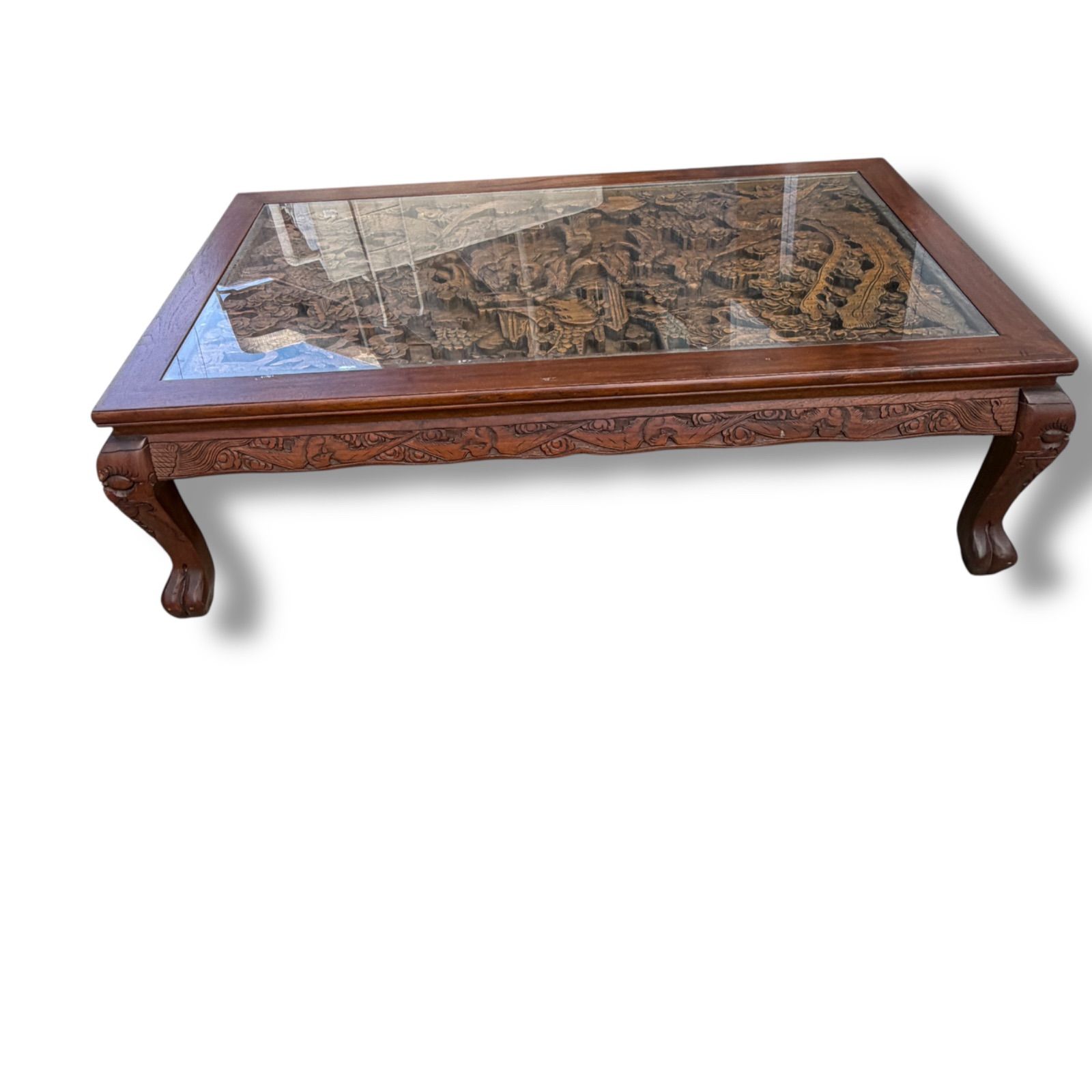 【稀少美品】アンティーク 木彫り ガラス ローテーブル 昭和レトロ 木彫り 猫脚 透かし彫り 彫刻 ガラステーブル /サイズ（約）高さ37cm