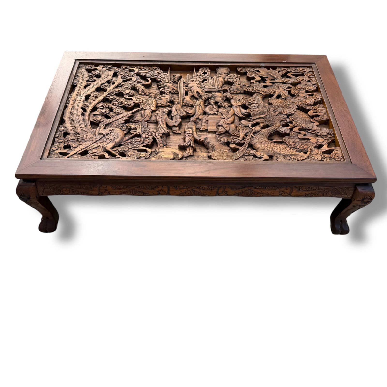 木彫り 猫脚 透かし彫り 彫刻 ガラステーブル /サイズ（約）高さ37cm