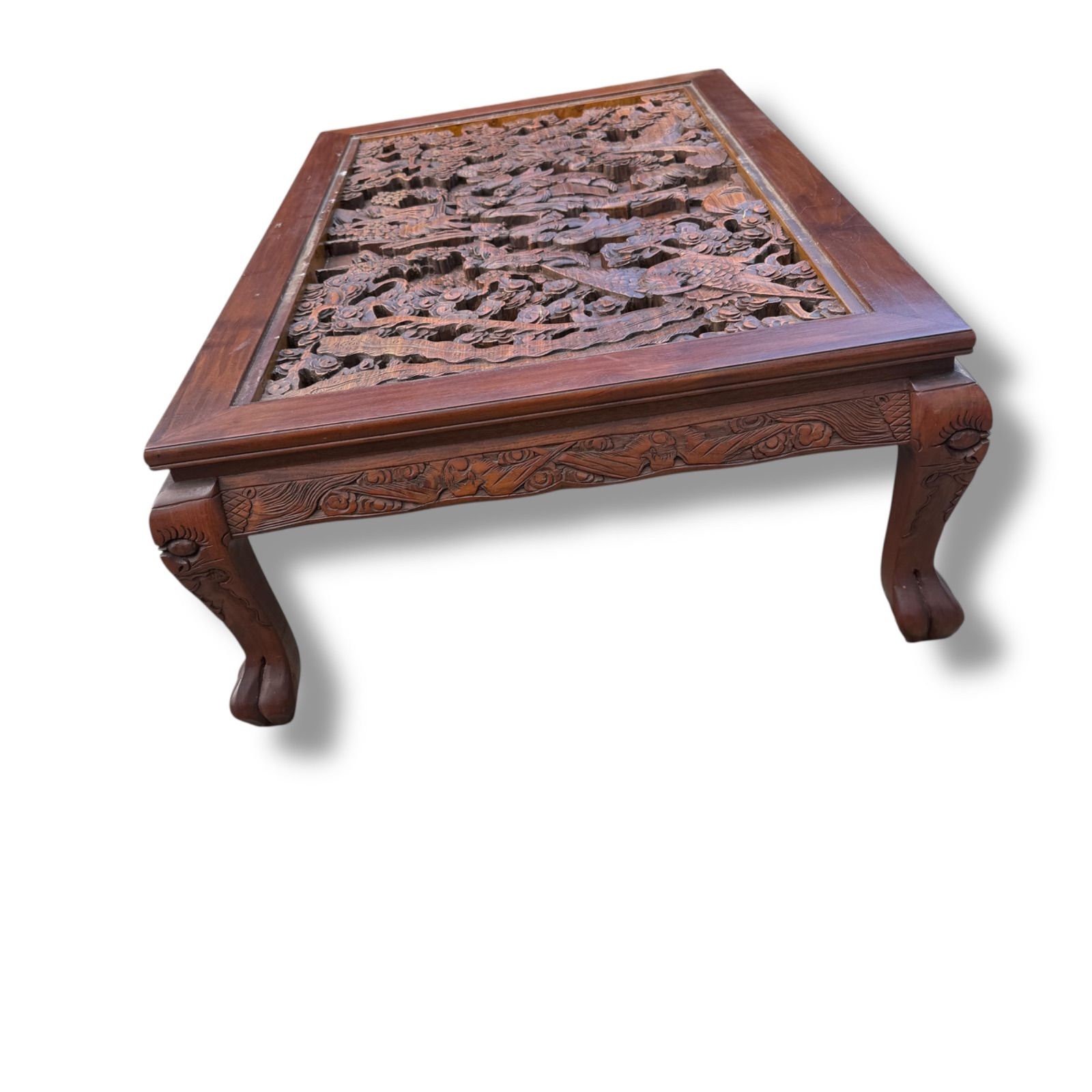 木彫り 猫脚 透かし彫り 彫刻 ガラステーブル /サイズ（約）高さ37cm