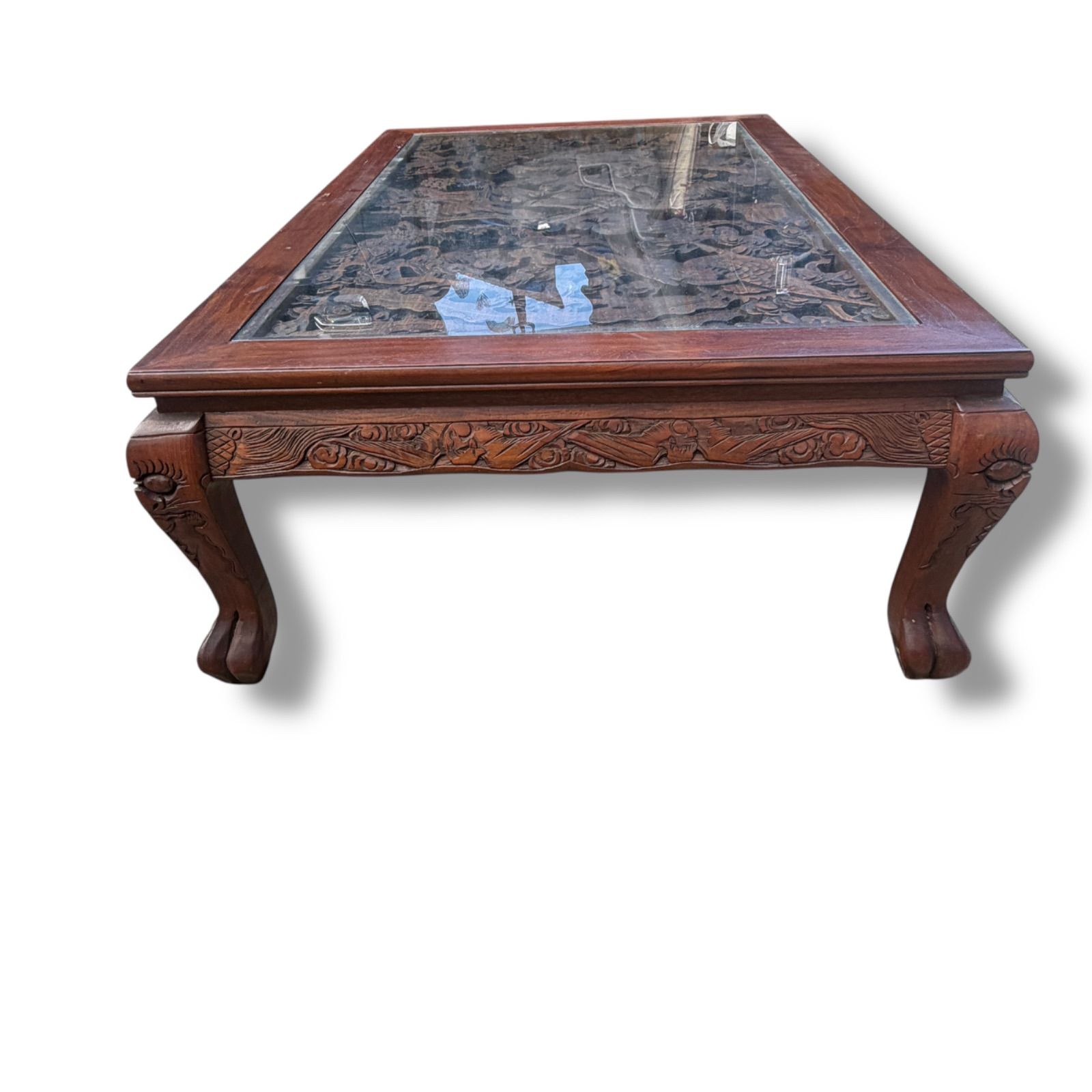 木彫り 猫脚 透かし彫り 彫刻 ガラステーブル /サイズ（約）高さ37cm