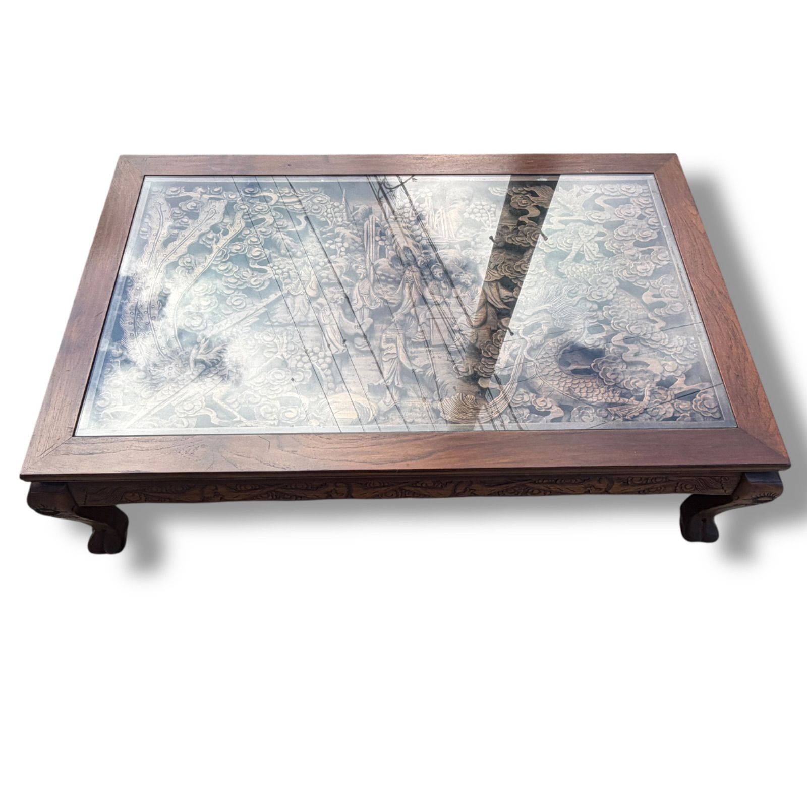 木彫り 猫脚 透かし彫り 彫刻 ガラステーブル /サイズ（約）高さ37cm