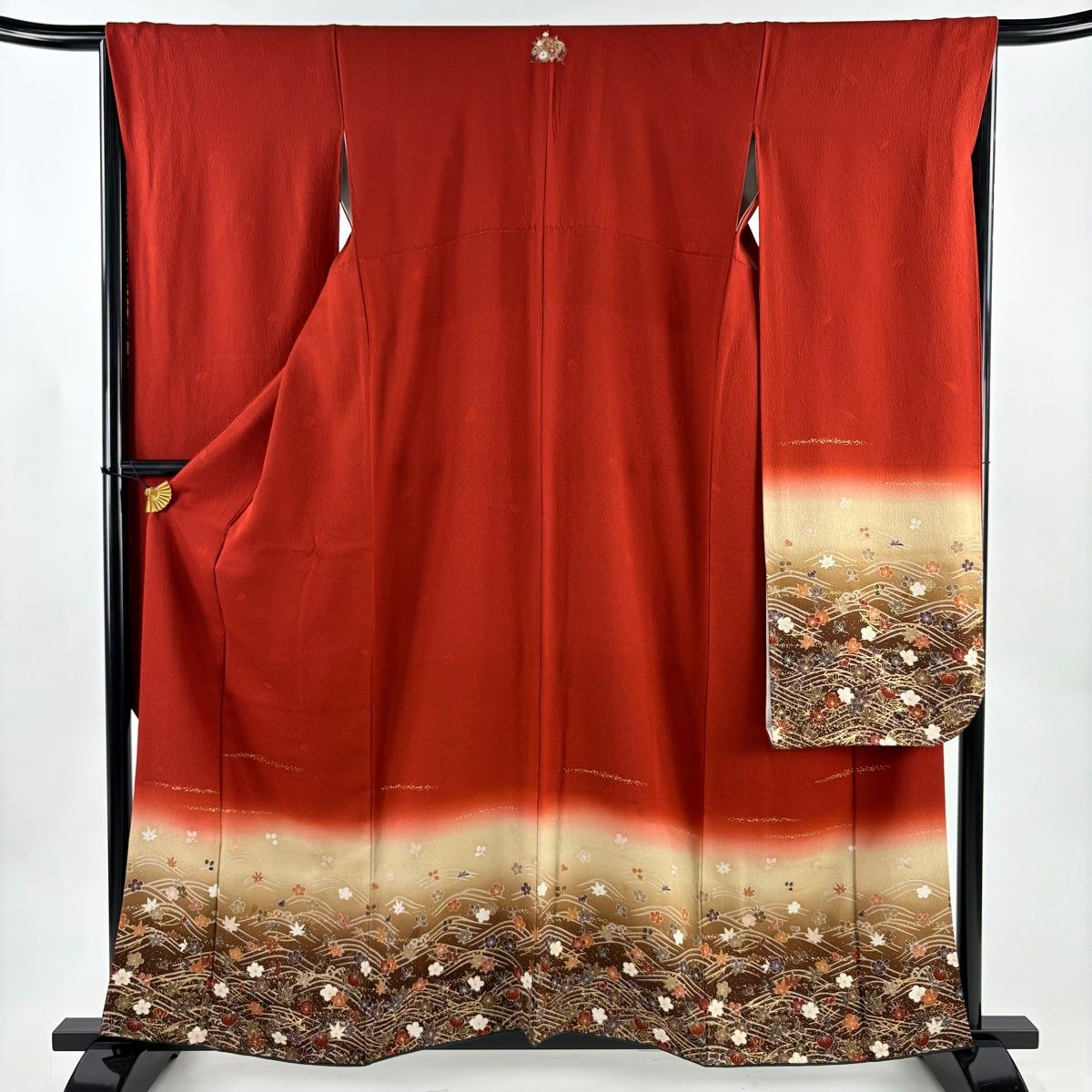 振袖 身丈160cm 裄丈66cm M 袷 鈴乃屋 花 波 金彩 染め分け 朱色 正絹