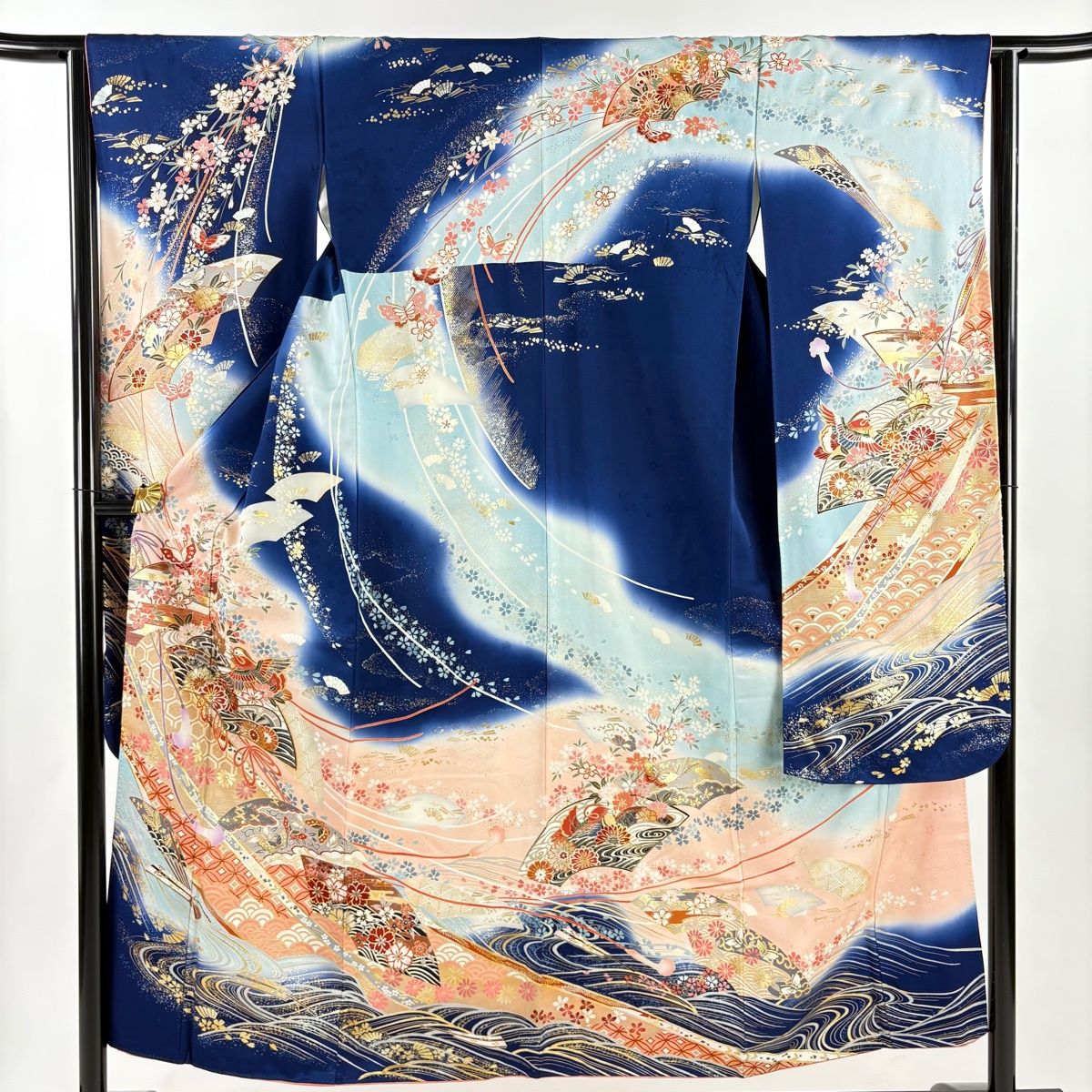 振袖 身丈152cm 裄丈63cm S 袷 扇面 花鳥 金糸 金銀彩 青 正絹 秀品