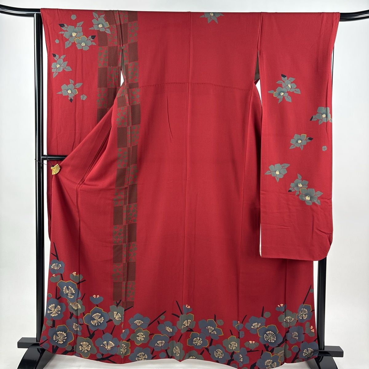 振袖 身丈164cm 裄丈66cm M 袷 梅 桜 金彩 赤 正絹 秀品 【中古