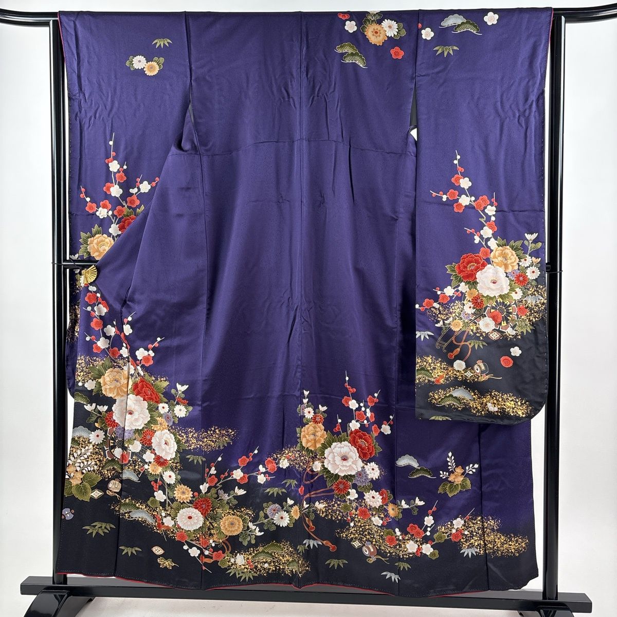 振袖 身丈155.5cm 裄丈64cm M 袷 花車 松竹梅 金彩 ぼかし 濃紫 正絹