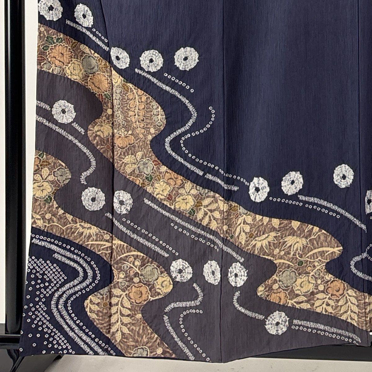 訪問着 身丈160.5cm 裄丈67.5cm L 袷 草花 流水 絞り 濃紫 正絹 秀品