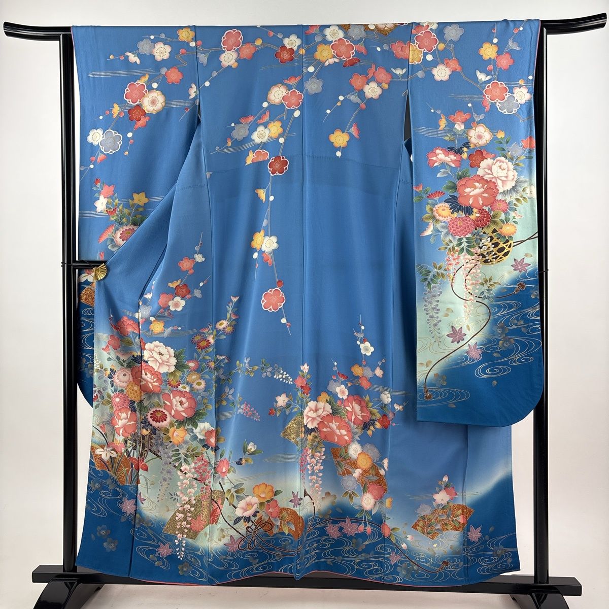 振袖 身丈156cm 裄丈65.5cm M 袷 花車 流水 金糸 金彩 水色 正絹 秀品