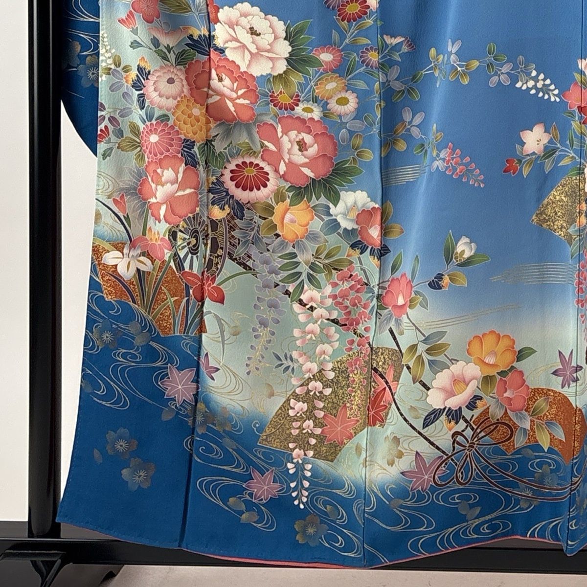 振袖 身丈156cm 裄丈65.5cm M 袷 花車 流水 金糸 金彩 水色 正絹 秀品