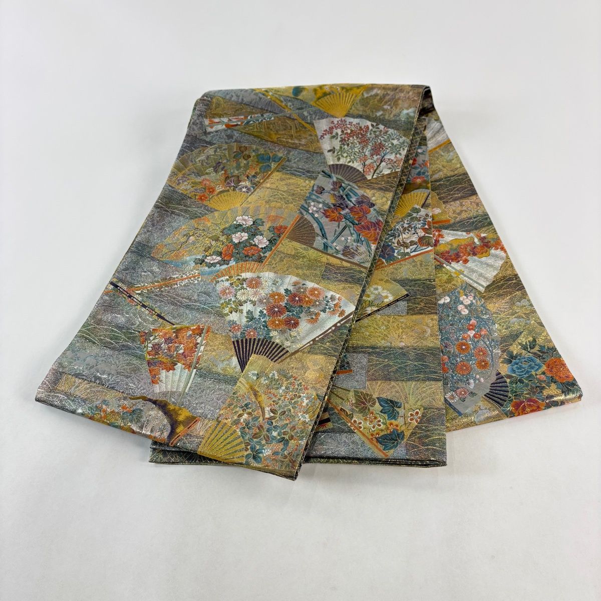 美品】 袋帯 秀品 24金プラチナ二重箔 琳派三十六華扇 金糸 灰紫