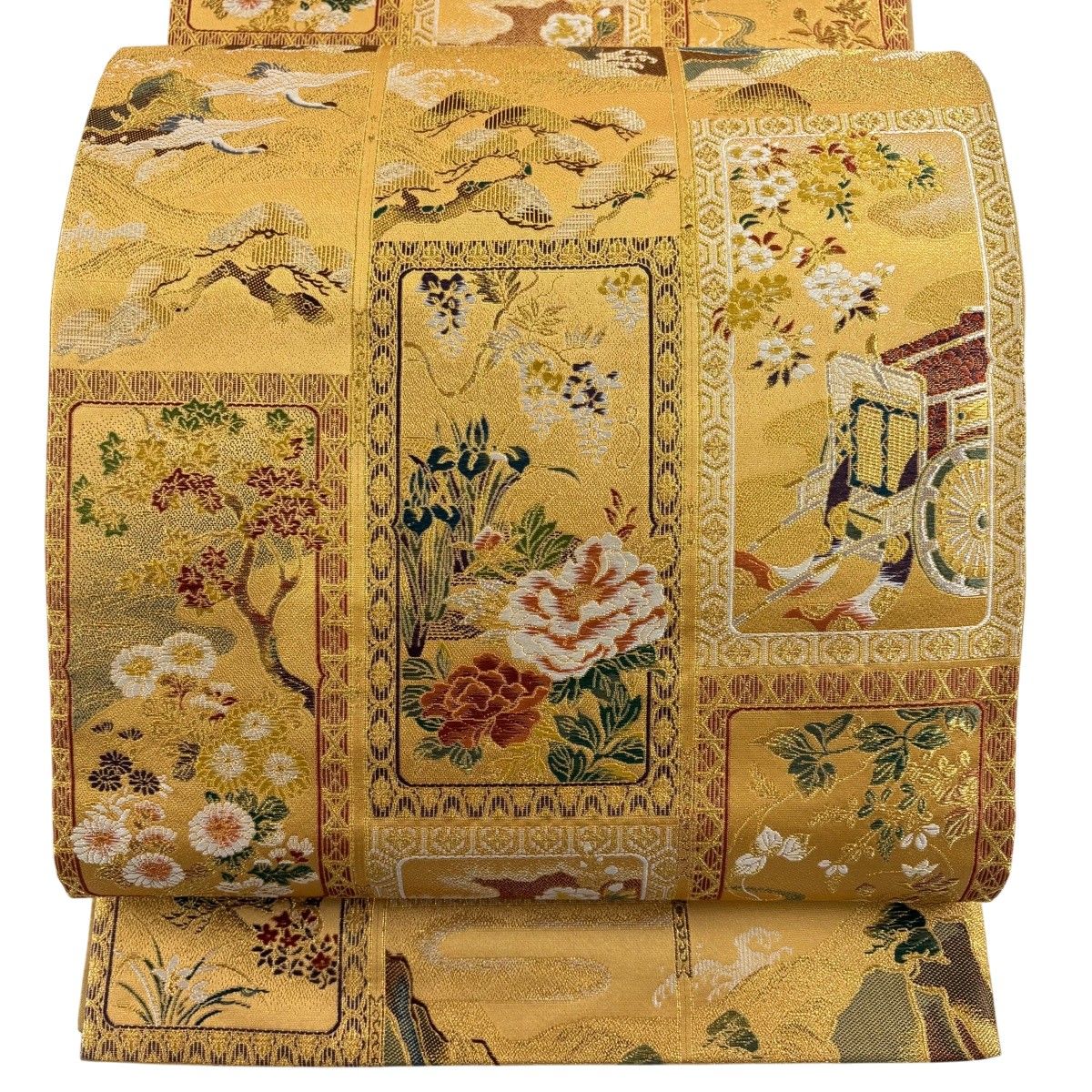 美品】 袋帯 秀品 本金箔つづれ 琳派瑞祥錦 草花 御所車 金銀糸 箔