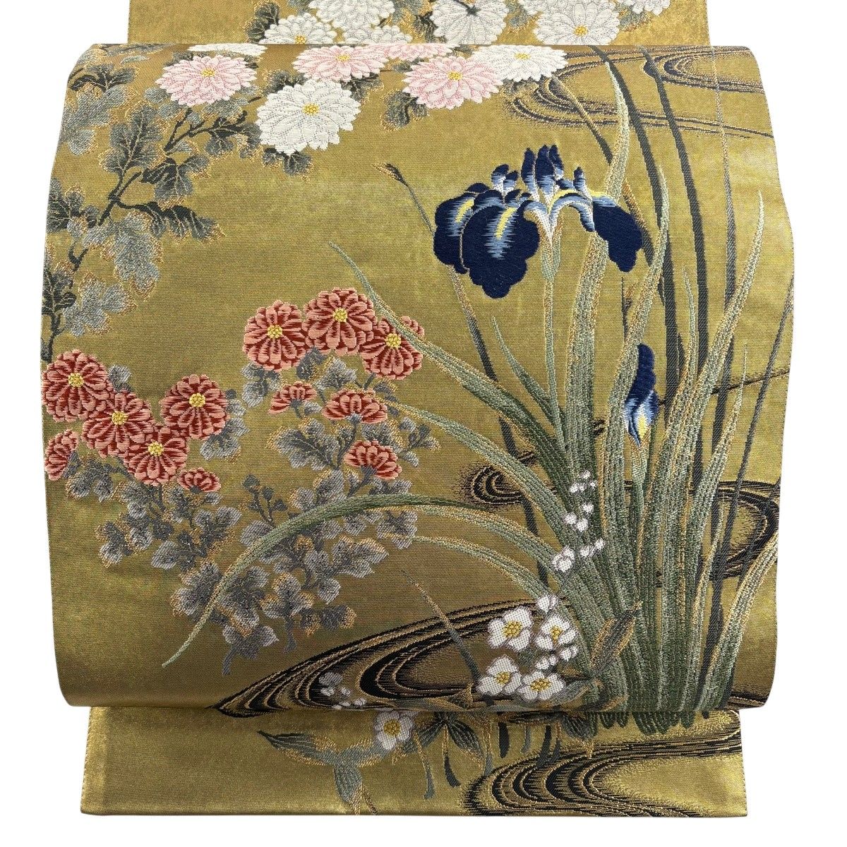 美品】 袋帯 秀品 草木染監修 三代目太田藤三郎 菖蒲 菊 箔 金糸 金茶