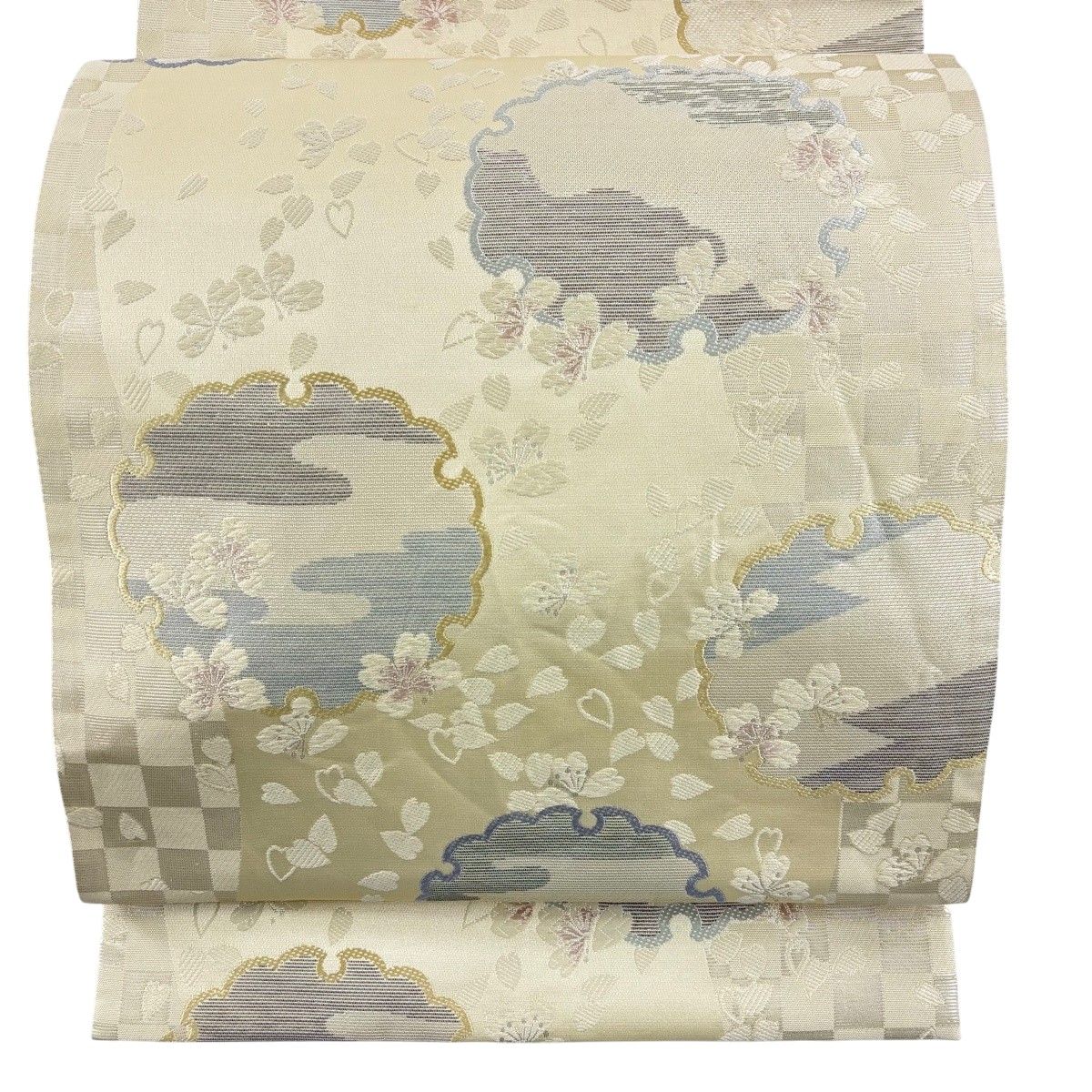 袋帯 秀品 雪輪 桜 刺繍 箔 ベージュ 六通 正絹 【中古】 - メルカリ 袋帯 秀品 雪輪 桜 刺繍 箔 ベージュ 六通 正絹 【中古】 - メルカリ