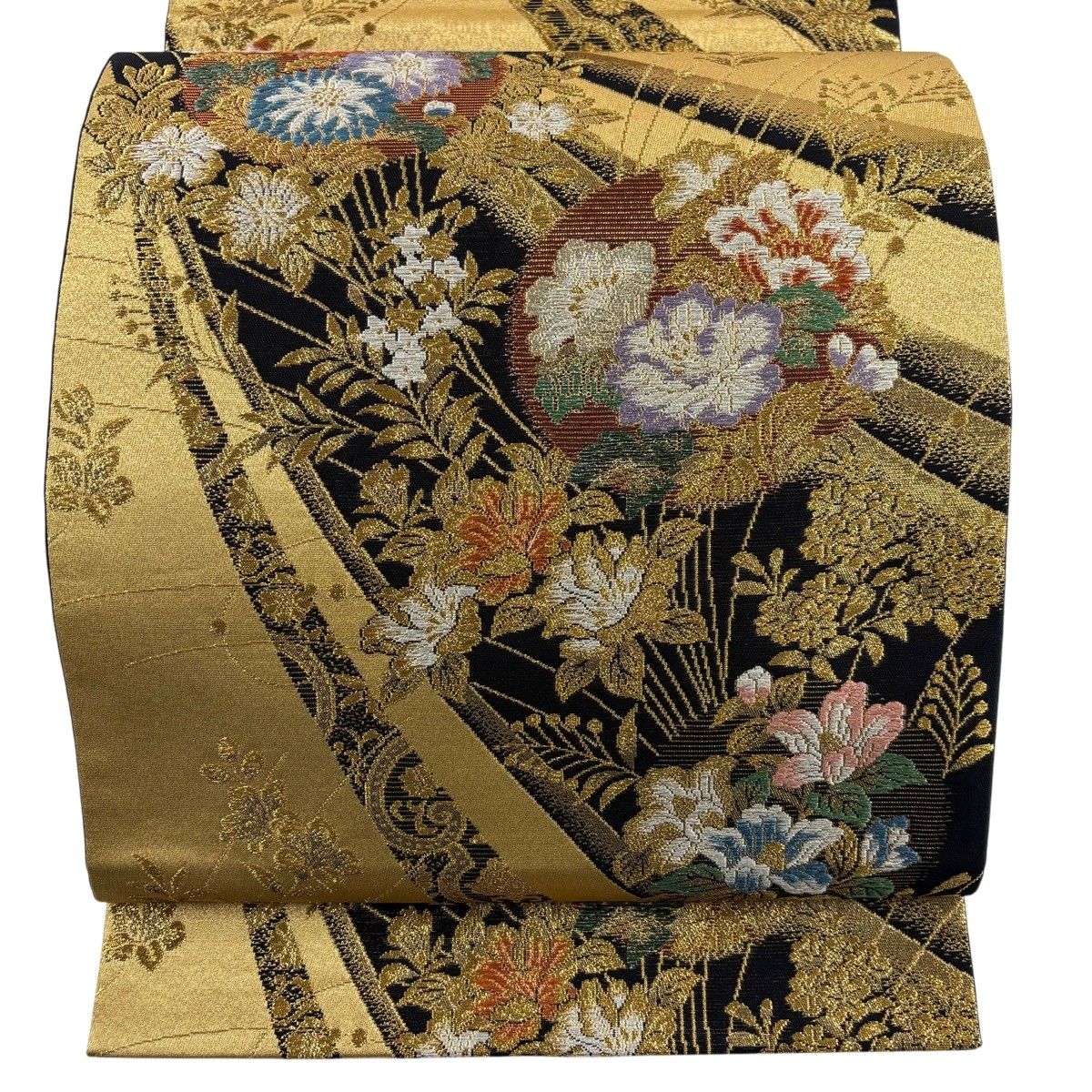 袋帯 秀品 振袖向き 牡丹 蝶 箔 金銀糸 黒 六通 正絹 【中古】 袋帯