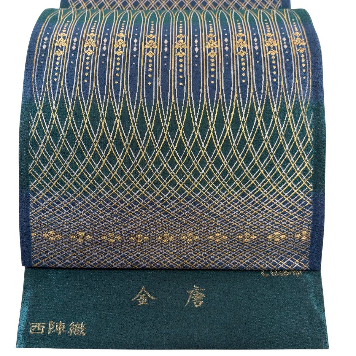 美品】 袋帯 逸品 となみ織物 落款 金唐 西陣織 花 幾何学模様 箔 青
