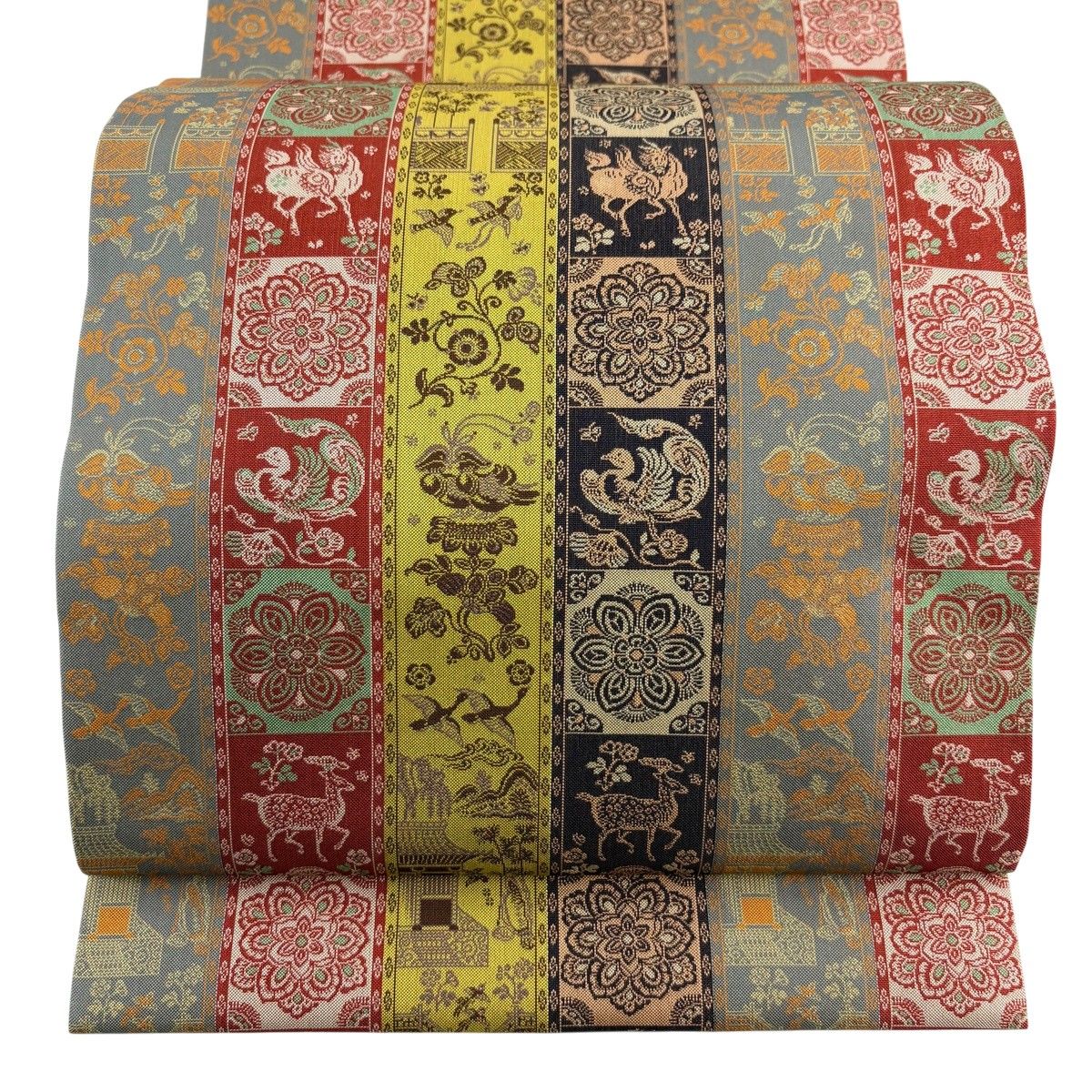 美品】 開き名古屋帯 逸品 龍村美術織物 比翼仕立て 紅牙瑞錦 銀糸