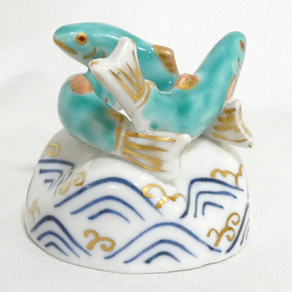 一月の特売品) 平安 高野昭阿弥作 色絵 鮎 蓋置 茶道具 (中古 美品