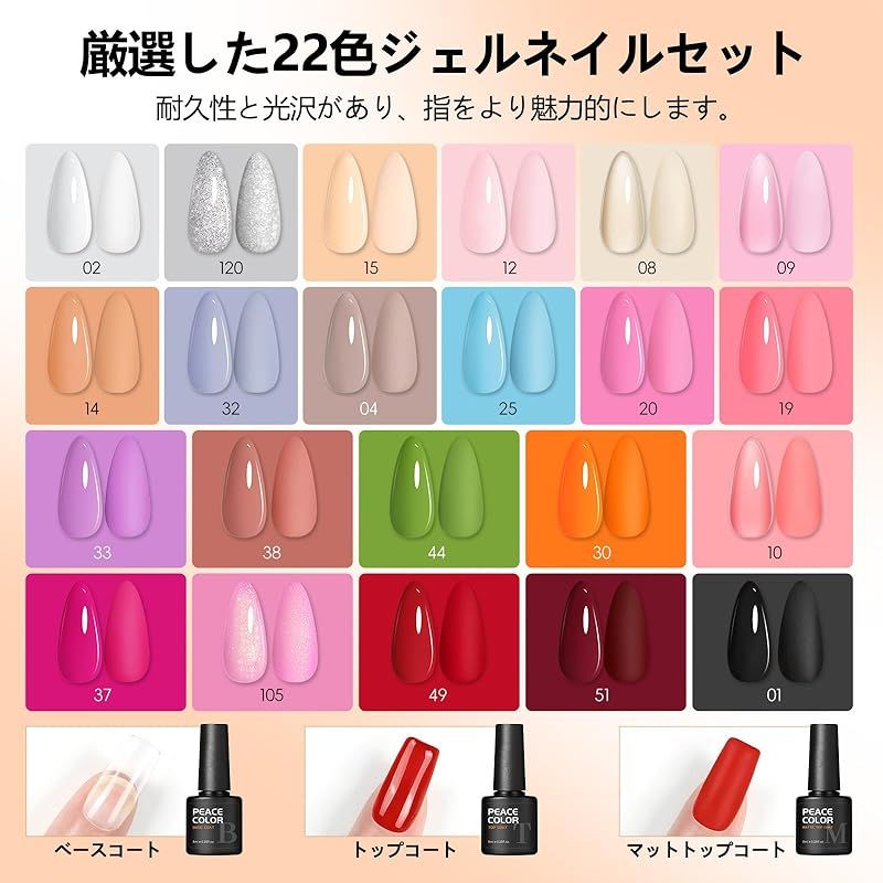 PEACECOLOR ジェルネイル セット 22色カラージェルキット 3PC トップ