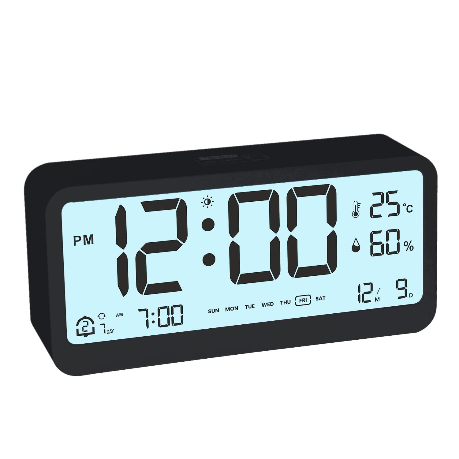 カレンダー バックライト ダブルアラーム 79dB音量 スヌーズ機能 置き時計 静音 シンプル 温度計/湿度計付き 漸進音量 コンパクト 多機能デジタル時計 おしゃれ 自動点灯 明るさ調整 操作簡単 常時点灯 男女兼用 乾電池式 見やすい 日本語取扱説明書 大