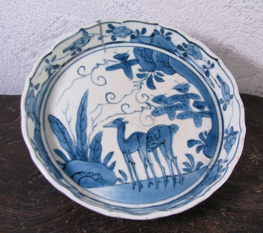 古伊万里 藍柿右衛門 鹿文小皿No5 角福銘 幅：14cm 江戸中期/26a067